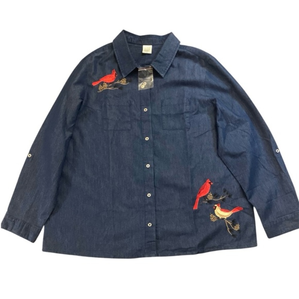 ❗️SALE❗️Blair Embroidered Birds Cardinals Blue Button Down Shirt Winter